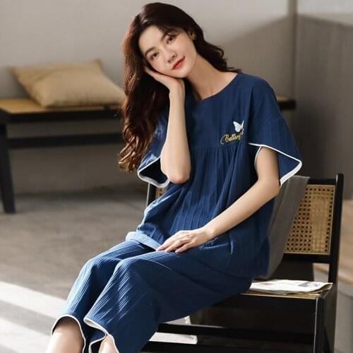 Summer Cotton Pajamas For Women Vintage Short Sleeve Top+ Blue Calf-Length Pants Homewear White Butterfly Cute Gilrs Sleepwear
