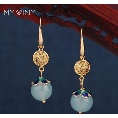 MYWINY copper crown nature stones earrings, vintage fashion Aventurine fashion ethnic enamel jewelry