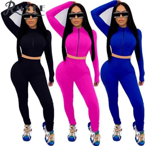 RMSFE 2020 Casual Gym Sport Running Solid Two Piece Set Stretch O-neck 2 Piece Set Women Full Sleeve Top Pant Autumn Sets
