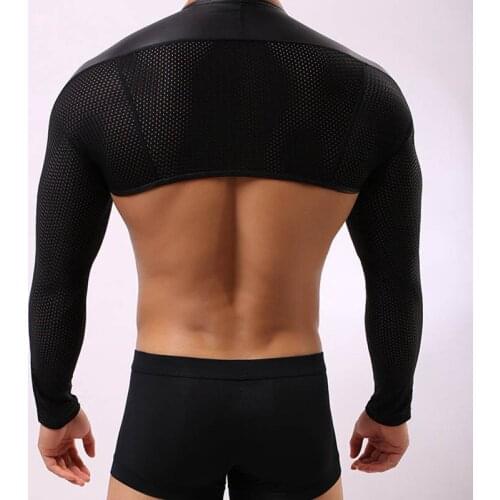 Mens Arm Sleeves Shrug Undershirt Black Faux Leather Long Sleeve Shrug Snug-Fitting Males Underwear Muscle Slim Tight Undershirt