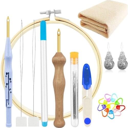 BMBY-Embroidery Punch Needle Kits, 29 Pcs Embroidery Tools Adjustable Rug Yarn Punch Needle Embroidery Pen Embroidery Hoops