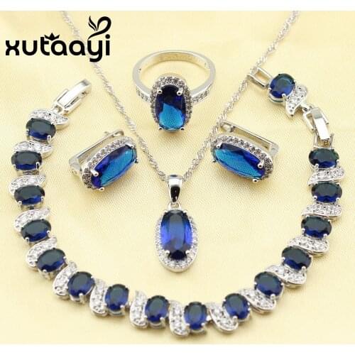XUTAAYI Hot Silky Blue Cubic Zirconia Jewelry Sets For Women Sterling Silver Earrings Necklace Pendant Rings Bracelet