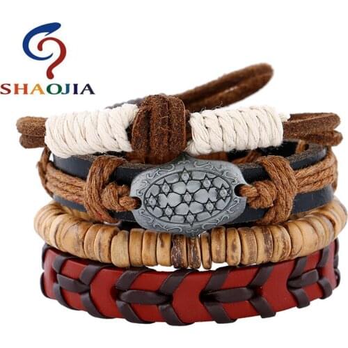 Low Price! 4pcs 1 Set Coconut Shell Beads Weave Leather Bracelets Men For Women Charm Bracelets Cuff Jewelry Accessories