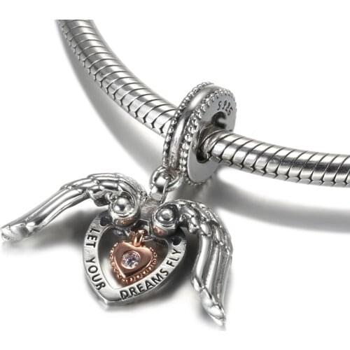 Authentic S925 Dangle Bead Club 2021 Angel Wings & Heart Pendant Charm for Women Bracelet Bangle DIY Jewelry