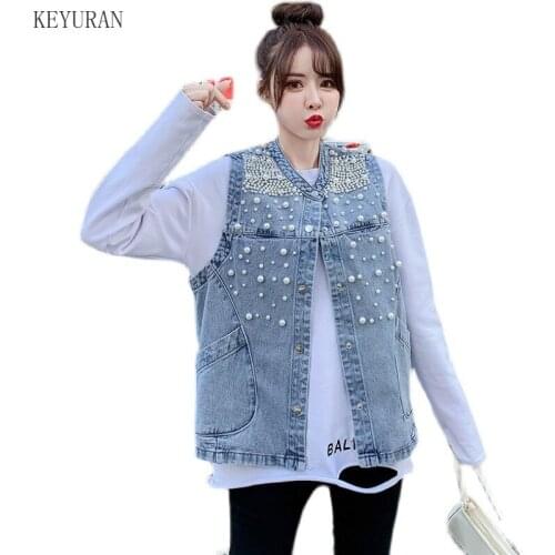 Plus Size Pearl Beading Denim Vest Jacket Women 2021 Casual Loose Sleeveless O-Neck Korean Female Waistcoat Jean Coat Tops