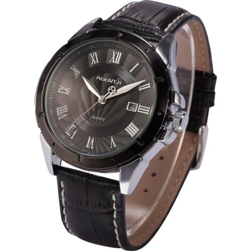 Roman Numerals Day Display Black Stainless Steel Case Leather Strap Band Wristwatch Mens Quartz Business Watches / AGX041