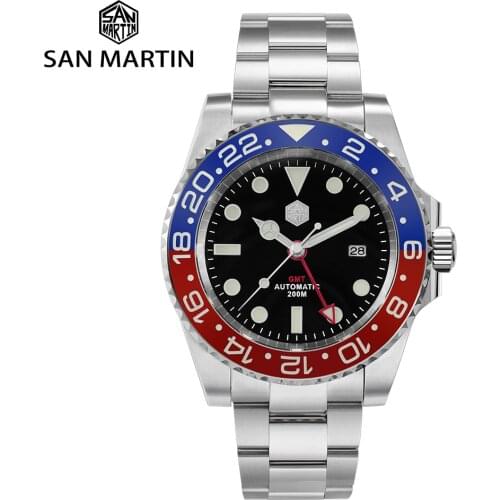San Martin GMT Diver Luxury Sapphire Men Automatic Mechanical Watch 120 Clicks Ceramic Bezel 20Bar Waterproof Luminous Date
