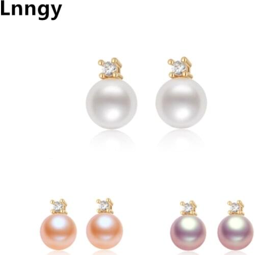 Lnngy Classic 14k Gold Filled Stud Earrings White Purple Pink 8.5-9mm 100% Freshwater Pearl Earrings for Women Elegant Gifts