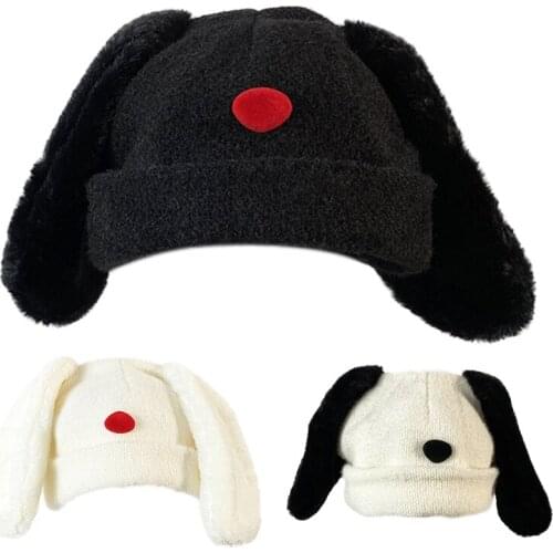 Japanese Style Women Sweet Rabbit Bunny Ears Beanie Hat Winter Knitted Outdoor Thermal Warm Fuzzy Cuffed Stretchy Ski