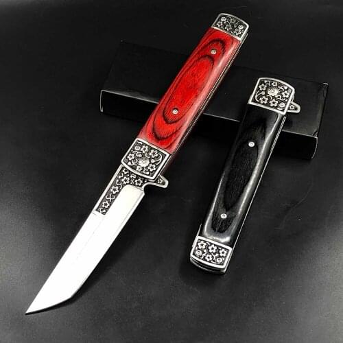 8.98'' Folding Knife Outdoor Survival Tactical Pocket Knife Wood Handle Camping Utility Hunting Knives Self-defense EDC Tools