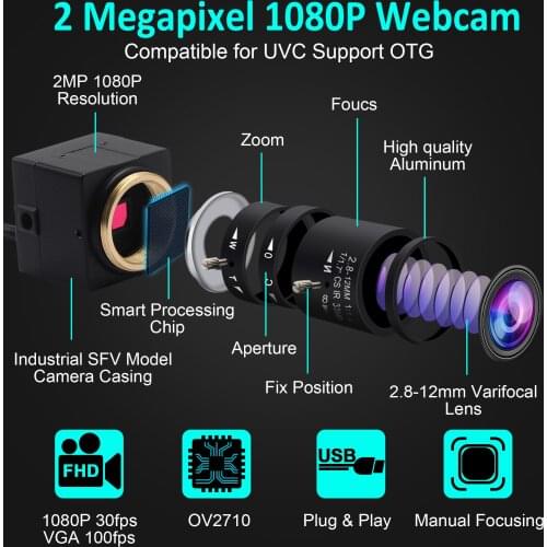 USB Webcam 2.0MP Web Camera Webcam 2.8-12mm Manual Varifocal Lens CMOS OV2710 USB Camera for Computer Notebook Laptop PC