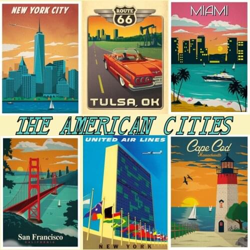 New York Hawaii Checago Route 66 The United States Vintage Travel Cities Landscape Art Painting coated Poster Wall Home Decor