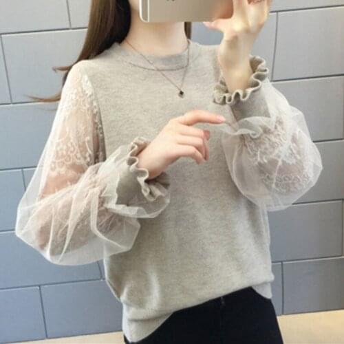 Knitted sweater Pullover Womens Tops 2020 New Spring autumn Korean Loose Lace Cutout Long sleeve O-neck Sweaters Female