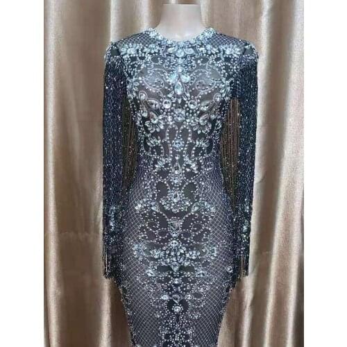 High end Luxury rhinstone long mesh fairy skin color fleshcolor Sequins Anniversary Party Prom Ball Evening Formal Outfit