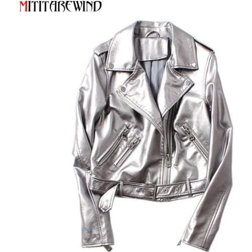 2021 New Spring Autumn PU Leather Jacket Women Fashion Motorcycle Silver Leather Coat Female Adjustable Belt Biker Jacket