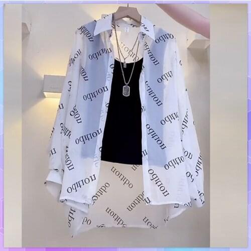Womens Chiffon T-shirt Letter Plaid Tee Shirts Female Summer Loose Top Long Sleeve T-shirts See Through Thin Tops Coat