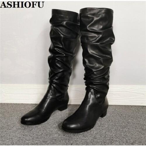 ASHIOFU Real Photos Womens Block Heel Boots Round-toe Sexy Party Prom Knee High Boots Plus Size Evening Fashion Boots Shoes