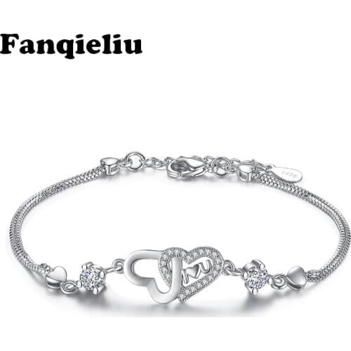 Fanqieliu 925 Sterling Silver Bracelet For Women Double Adjustable Box Chain Crystal Heart Charming Bracelets Woman FQL20319