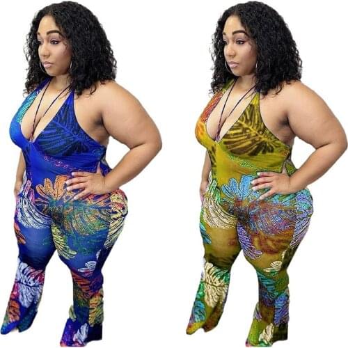 ZKYZWX Plus Size Print Jumpsuit Backless Sexy Outfits for Women Birthday Party Wear Spaghetti Strap One Piece Club Y2k Rompers
