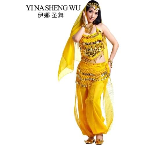 New Belly Dance Set Adult Indian Bollywood Belly Dance Practice Performance Set 5 Piece Set Women Top+Pants+Belt+Veil+Head Chain