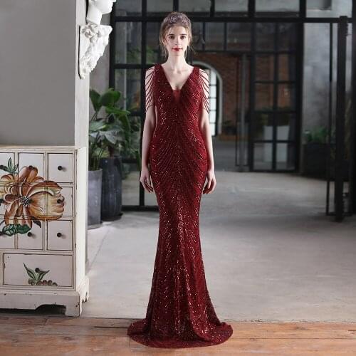 LYABKA Burgundy Sequin Evening Dress Long Women Robe De Soiree Bodycon Maxi Dress Beading V-neck Mermaid Evening Dresses 2022