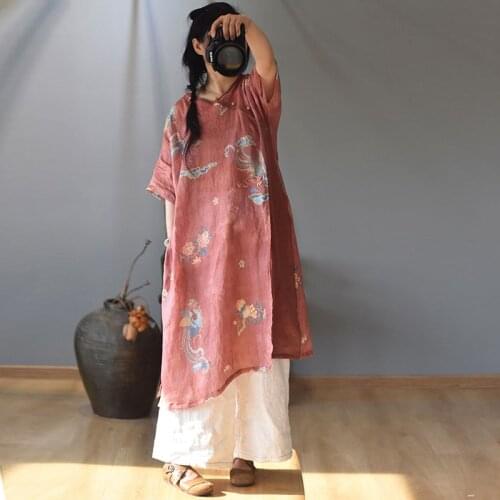 Women Dress Print V neck Short Sleeve Thin Original 2020 Summer Large Size Women Ramie Buttons Vintage Fashion Women Robe