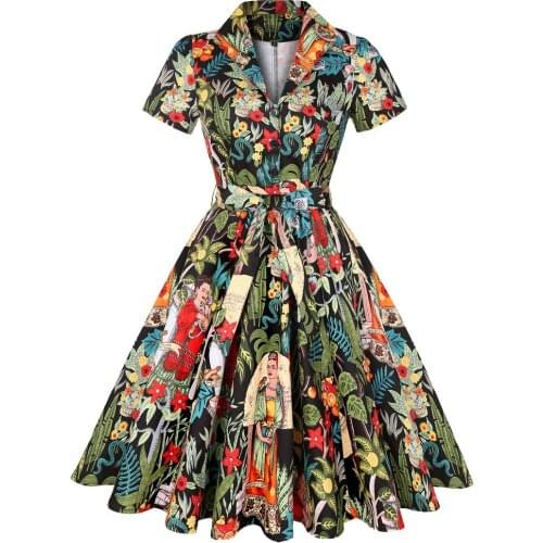 2020 Plus Size Cotton Vintage Dress SD0002 Women Short Sleeve S-4XL Large Swing 50S Retro Floral Print Rockabilly Dresses