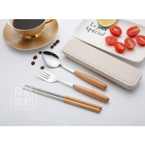 1SET Flatware Sets Wooden Handle Stainless Steel Senior Tableware with Spoon ,Fork ,Chopstick Sets PI 010