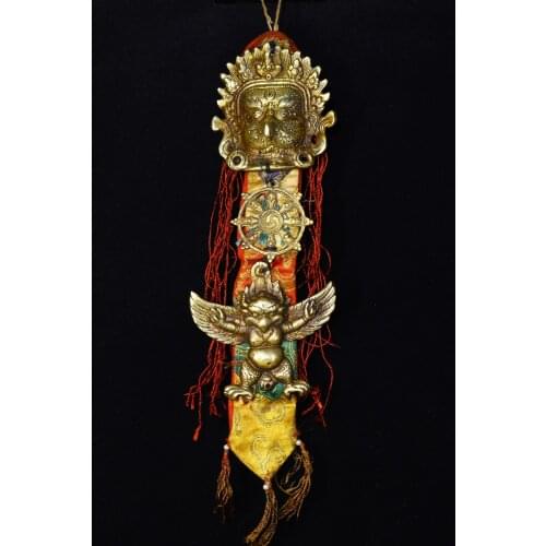 17" Tibet Buddhism Old Bronze With prayer flags Mahakala head mask Roc garuda Pendant Ward off evil spirits Town House