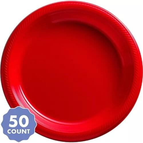 50PCS Red Plastic Dinner Lunch Plates 9inch Party Tableware Supplies Set Disposable Birthday Dinnerware Decoration Anniversary