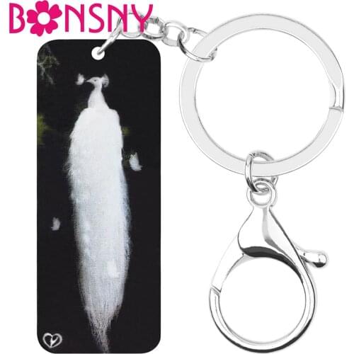 Bonsny Acrylic Rectangle White Peacock Keychains Bird Animal Keyring Jewelry For Women Girls Classic Gifts Bag Wallet Decoration