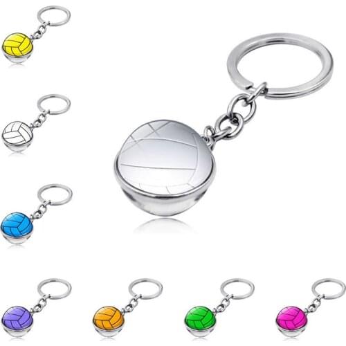 FIMAODZ Volleyball Keychain Ball Football Sport Glass Cabochon Double Sided Pendant Key Chain Fashion Keyring for Men Women