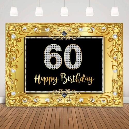 Woman Happy 60th Birthday Photo Backdrop Party Banner Background Decorations Golden Glitter Shiny Diamonds Custom DIY Birthday