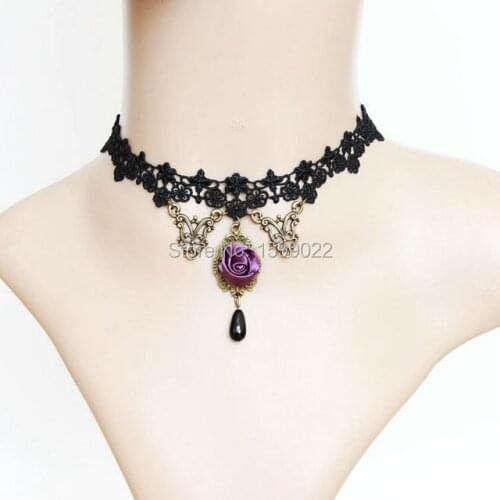 Gothic Chic Black Flower Lace Tattoo Necklace with Purple Ribbon Rose Antique Bronze Charms Ornament Women False Collar Collares