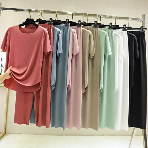 Summer Fashion Women Tracksuits 2pcs Sets Modal Ice Silk Super Thin Short Sleeve Tshirt+Pant Solid Loose Casual Pajamas Set
