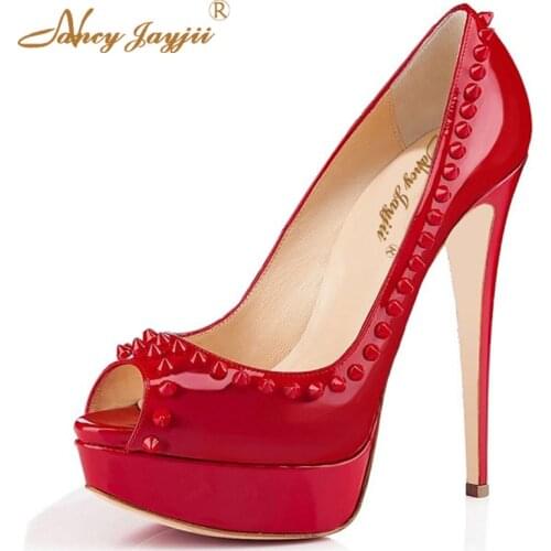 Red Rivet Black Blue Super Platform Patent Leather Peep Toe High Heels Pumps Evening Wedding Fetish Shoes Woman Size 13 46