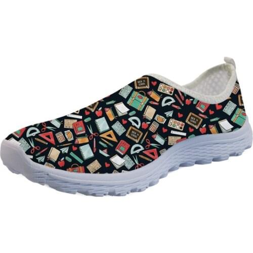 WHEREISART Summer Light Flats Shoes Cartoon Teacher Print Women Breathable Mesh Sneakers Ladies Girls Slip-on Beach Water Shoes