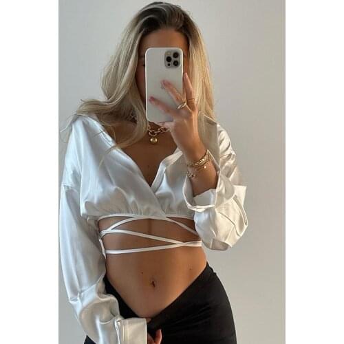 Summer ladies short pure white shirt long-sleeved tie-up top sexy streetwear