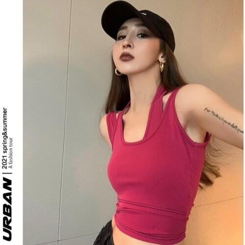 Pure desire hot girl halterneck suspender top French style 2021 summer new I-shaped sports fake two-piece vest for female outer