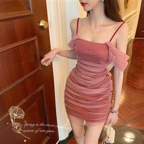 Sweet Girl Summer New Korean Sexy Woman Lace Mesh Dress Vintage Gentle Fairy Elegant Harajuku Maid Sequins Red Halter Mini Dress