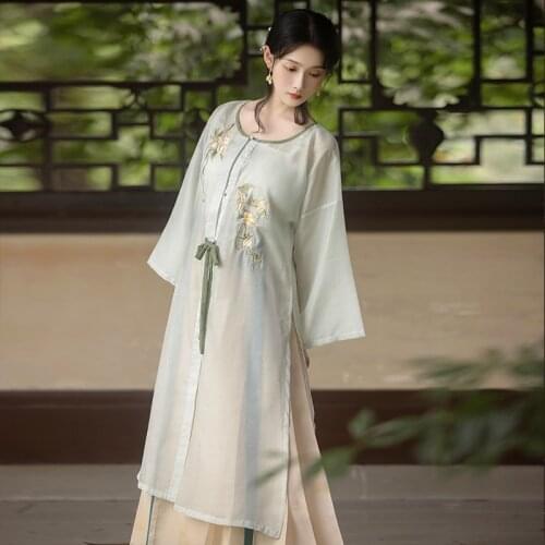 Round Collar Novelty Hanfu Suit Long Sleeve Embroidery Flower Folk Dance Costume Women 2021 Spring Summer New Fairy Costume