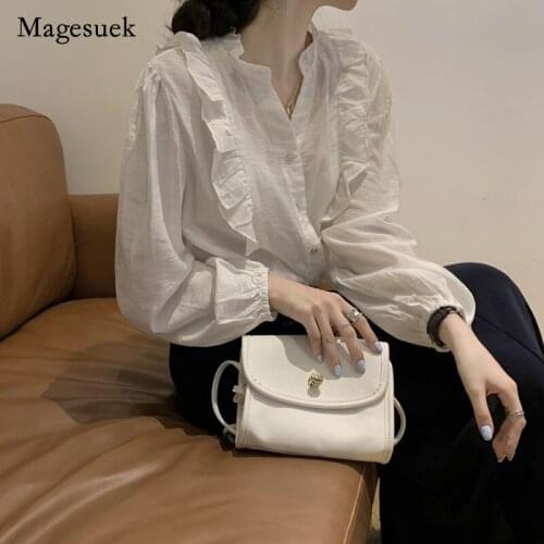 Solid Chiffon Lace Ruffles Collar Long Sleeve Shirt Spring Women Blouse Women Korean Loose Blouse Women Clothing Blusas 14094