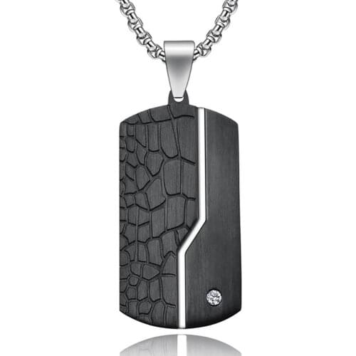 Stainless Steel Crackle Black Rectangle Dog Tag Pendant Necklace Jewelry Gift For Him with Chain