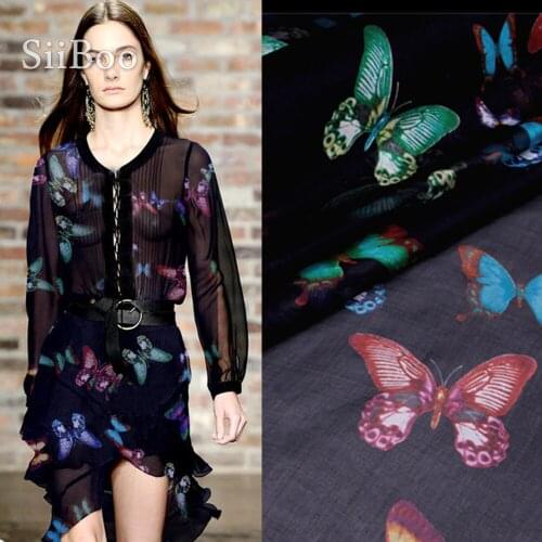 Pastoral butterfly print 100% natural silk chiffon fabric for dress telas de chiffon tissu stoffen telas de seda 8mm SP4351