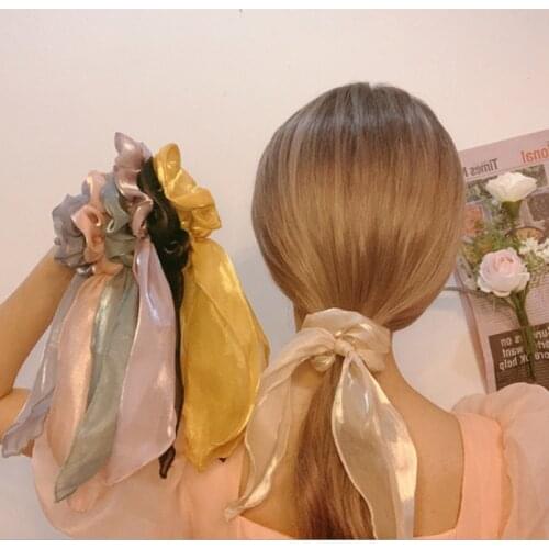 Fashion Solid Color Gauze Long Ribbons Scrunchie Hair Accessories For Women Elegant Bow Ponytail Holder Girls Elastic Hair Bands