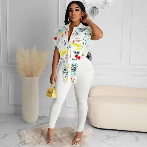 RMSFE 2021 Womens Short Sleeve Lapel Fashion Sexy Trend Street Printed V-Shaped Shoulder Shirt Two Piece Set