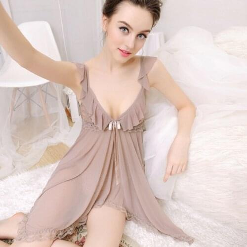 Sexy mousse nightdress for woman sloth sleepwear Lingerie set nightie sling deep V open sets Chiffon Lace hollow nightwear