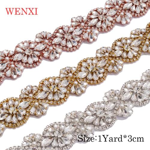 "WENXI 5YARDS Handmade Bridal Beads Rose Gold Crystal Rhinestones Applique Sewing On For Wedding Dress Sash WX875