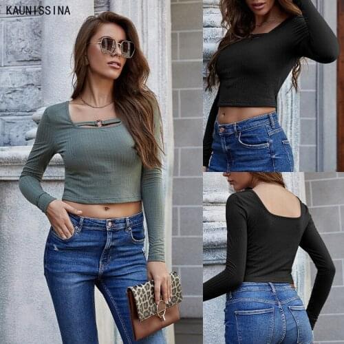 Womenn Sexy T Shirt Female Solid Long Sleeve Crop Top Lady Spring Autumn Bottoming Shirt Slim Backless Knitting T-shirts