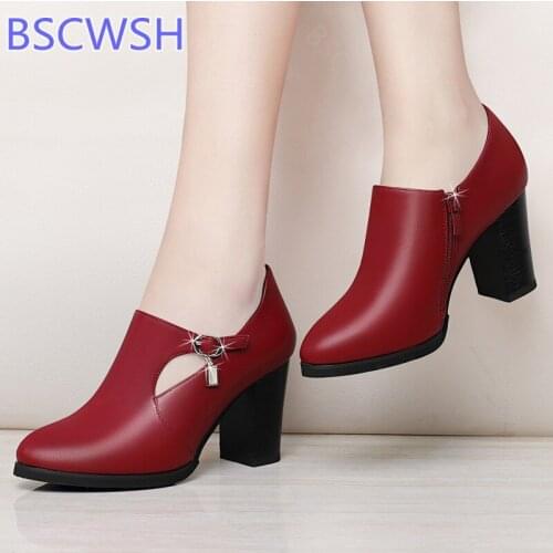 2021 Women Autumn Winter Shoes PU Leather Pointed Toe 8cm Thick High Heel Solid Mom Shoes Zipper Wedding Female Pumps